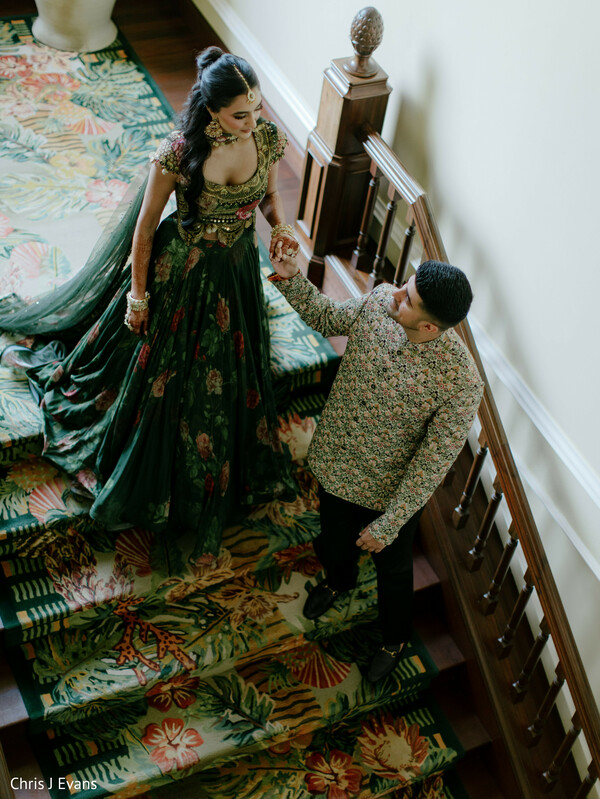 couple portraits,staircase portraits,floral outfits,evening attire,editorial photography,luxury venue,romantic portraits,formal fashion,elegant couple,south asian wedding