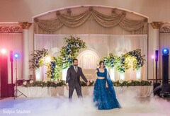 Dreamy Blue Reception Entrance with Fog Effect & Floral Decor