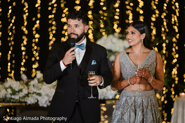 wedding reception,speech,groom,bride,tuxedo,lehenga,string lights,mehndi,bridal jewelry