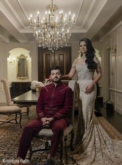 Glamorous Couple Portrait with Embellished Gown and Maroon Sherwani
