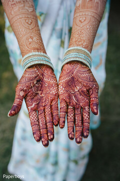 Intricate Bridal Mehndi Design with Light Blue Bangles