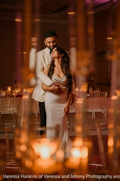Romantic Reception Portrait with Candles and Couple in White Gown and Cream Suit