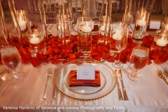 Romantic Reception Table Setting with Red Rose Petals & Candlelight