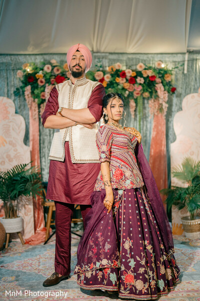 south asian wedding,couple portraits,plum lehenga,maroon kurta,nehru jacket,indian fashion,traditional attire,wedding attire