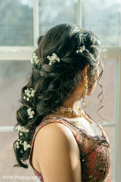 Braided Half-Up Hairstyle with Baby's Breath and Statement Earrings