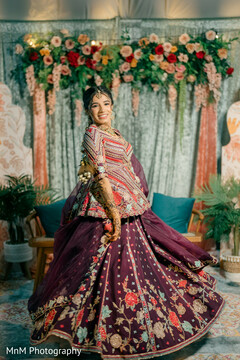 Maroon Lehenga with Floral Embroidery and Flared Blouse