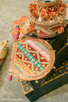 Embroidered Hand Fan and Decorated Pot