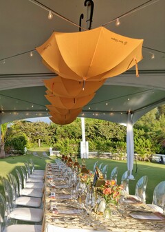 Outdoor Dining with Upside-Down Umbrella Decor