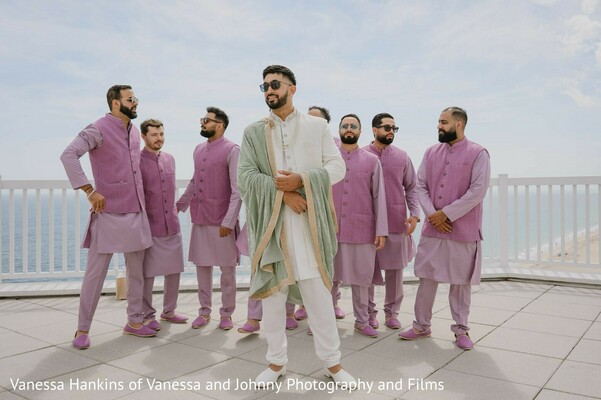 groom fashion,groomsmen,south asian wedding,kurta pajama,nehru jacket,lavender,white kurta,sage dupatta,wedding party,pre-wedding fashion,outdoor portrait