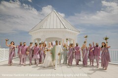 Joyful Bridal Party in Muted Purple and Light Green at an Outdoor Gazebo