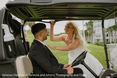 Bride Leans Playfully Towards Groom in Golf Cart