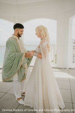 Couple in White Lehenga and Mint Green Sherwani