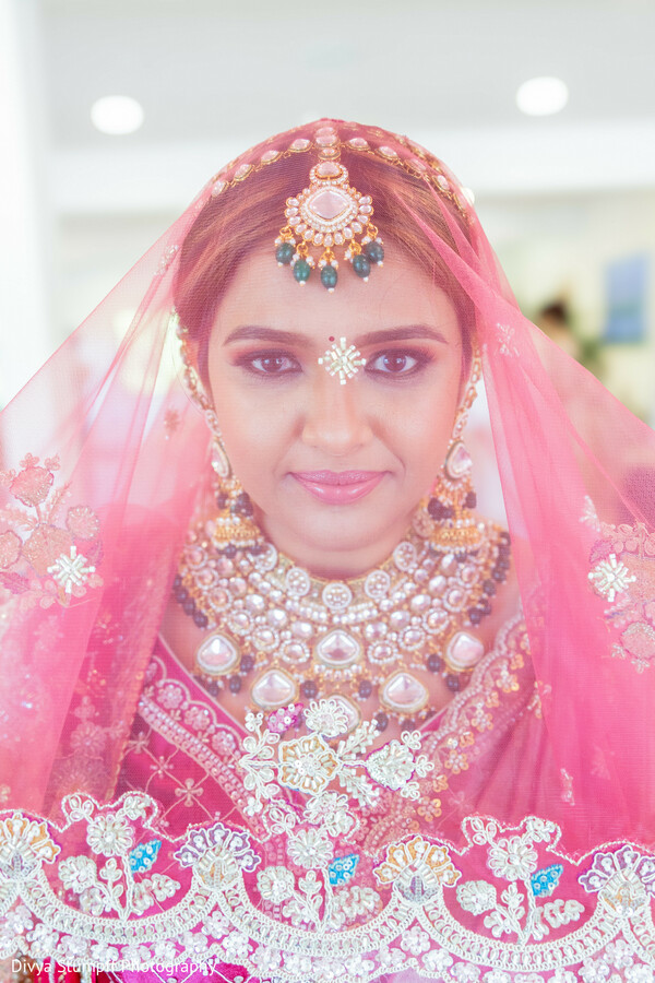 bridal portrait,pink veil,maang tikka,bridal makeup,wedding jewelry,bride