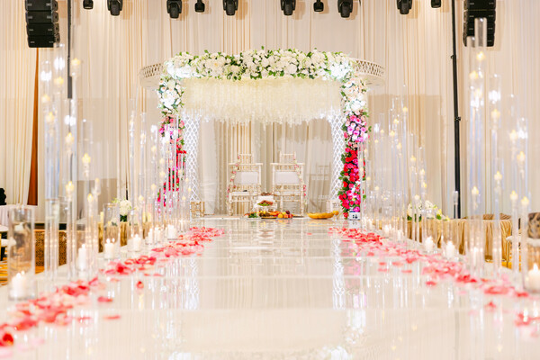 mandap,floral decor,wedding aisle,rose petals,ceremony decor,wedding,fuchsia accents