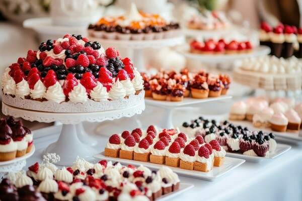 dessert bar,berry cake,mini pastries,sweet treats,catering,cakes and treats,dessert table