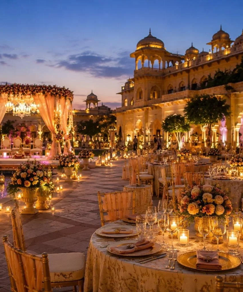 outdoor wedding,wedding decor,floral decor,tables with candles,wedding setup,event decor,ambient lighting,mandap