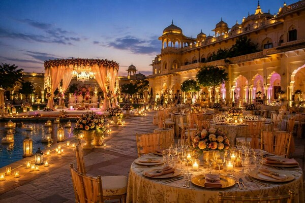 wedding reception,outdoor decor,floral arrangements,lighting,candles,poolside,evening event,wedding decor