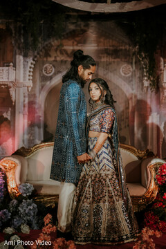 Stunning Couple Portrait with Intricate Blue and Maroon Attire