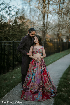 Vibrant Patterned Lehenga and Sherwani for Outdoor Portraits
