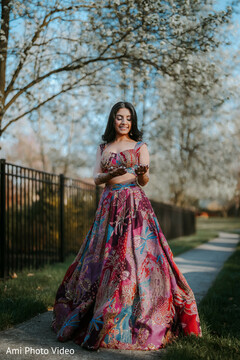 Vibrant Patterned Lehenga for an Outdoor Celebration