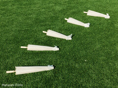 White Parasols on Green Lawn for Outdoor Wedding Decor
