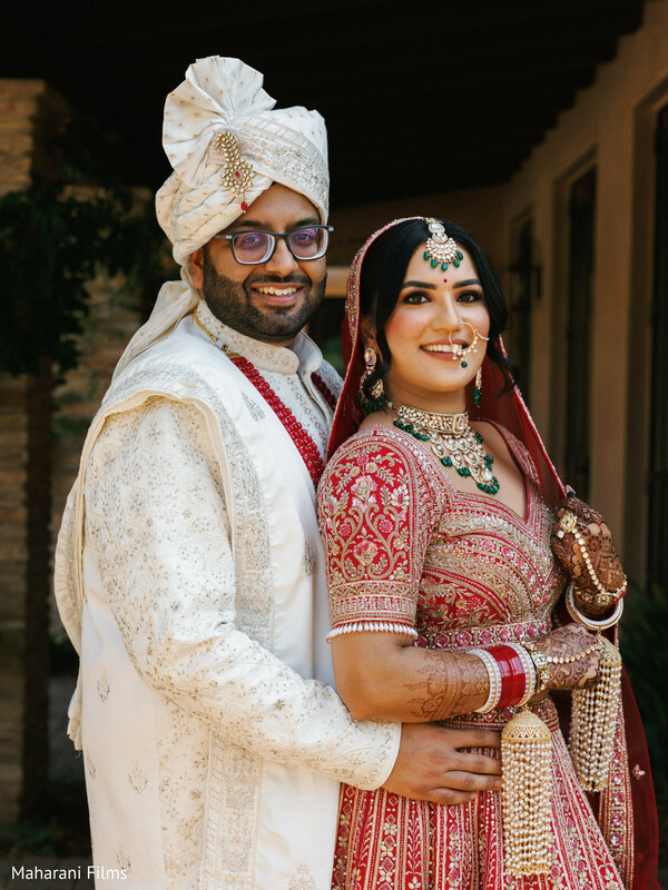 red lehenga,bridal fashion,groom fashion,sherwani,bridal jewelry,groom glasses,white turban