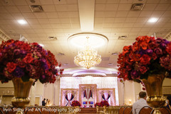 Central view of ceremony draped mandap stage. Central view of ceremony draped mandap stage.
