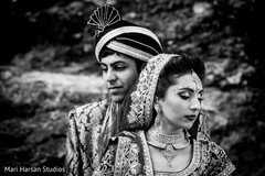 Inspiring black and white image of indian bride and groom.