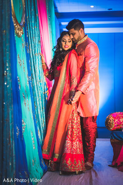 Charming indian bride and groom at their sangeet celebration. indian pre-wedding celebrations,indian bride and groom
