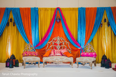 Draped Mehndi party stage. Draped Mehndi party stage.