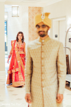 Indian couple about to see each other for the first time before wedding ceremony Indian couple about to see each other for the first time before wedding ceremony